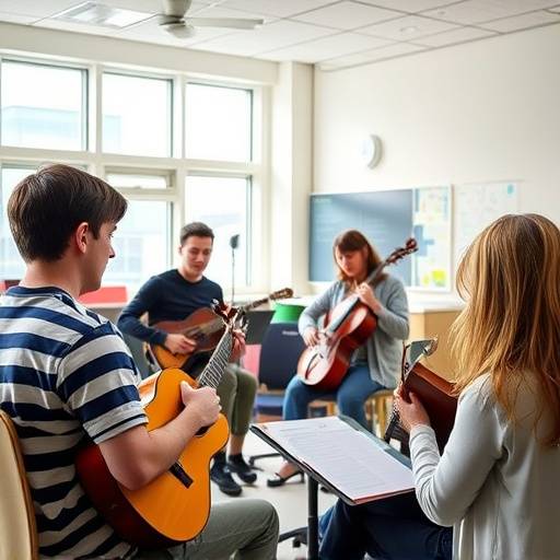 A group of students participating in a music lesson, interacting with each other and the instructor.