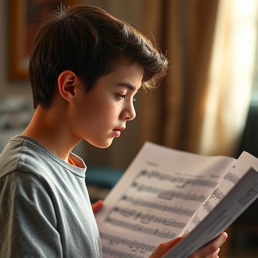 A young musician carefully reviewing sheet music in preparation for an audition.