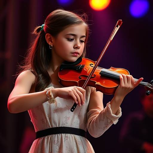 Anya Petrova, a young violinist, performing on stage with passion.