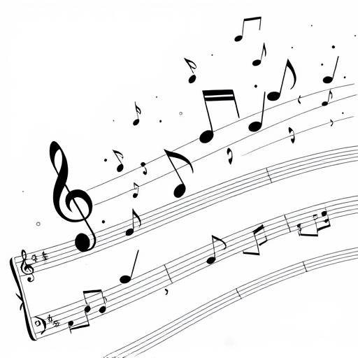 Black and white illustration of music notes floating on a staff, representing musical harmony.