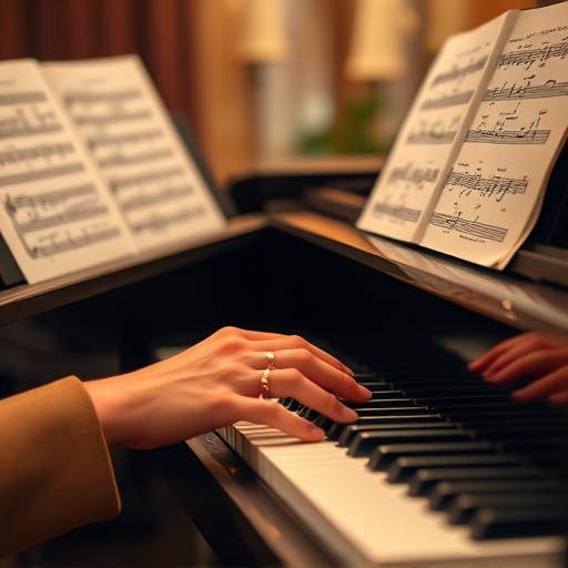 Close-up of hands playing a grand piano with sheet music in the background.