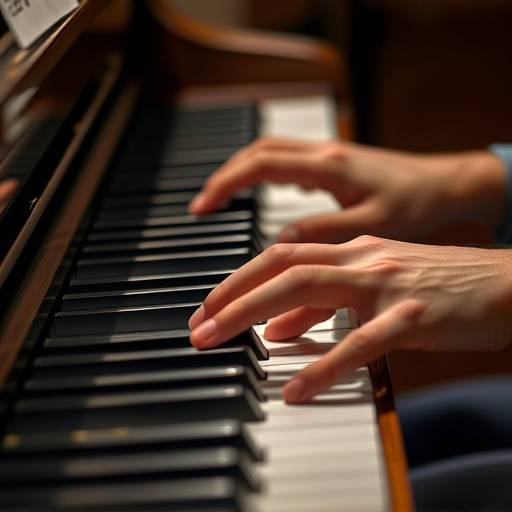 Close-up of hands playing piano keys, demonstrating focused practice.