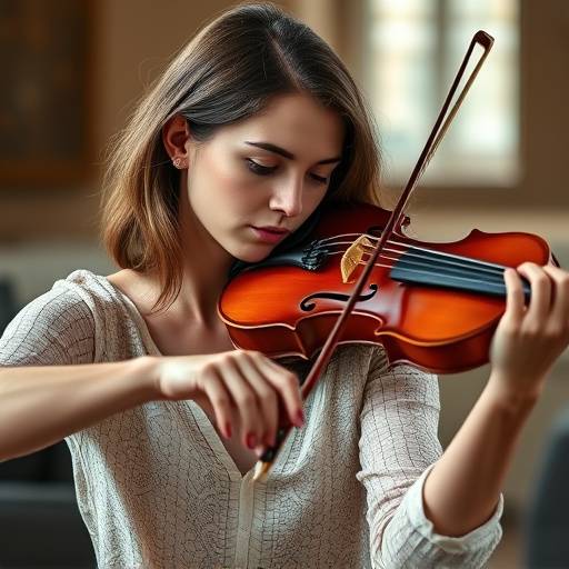 Image of Sarah Johnson, a violin instructor playing a violin with focused expression.