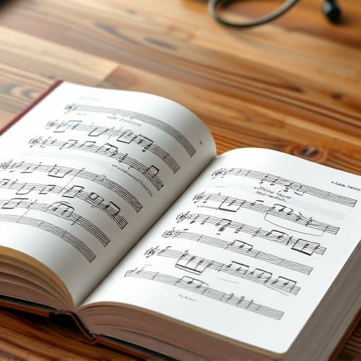 Open textbook on a wooden desk with a musical staff and notes.
