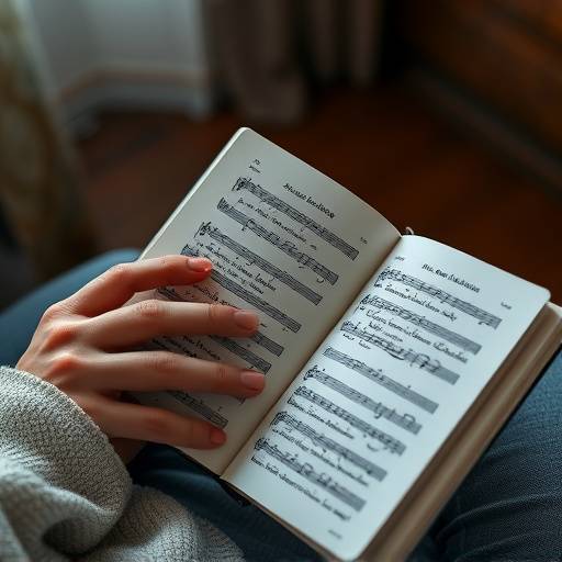 Person holding a notebook with musical notes and lyrics.