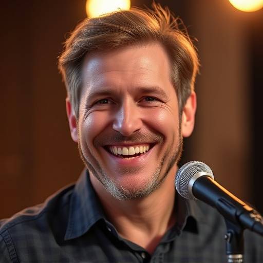 Portrait of James O'Brien, Vocal Instructor, smiling with a microphone in hand.