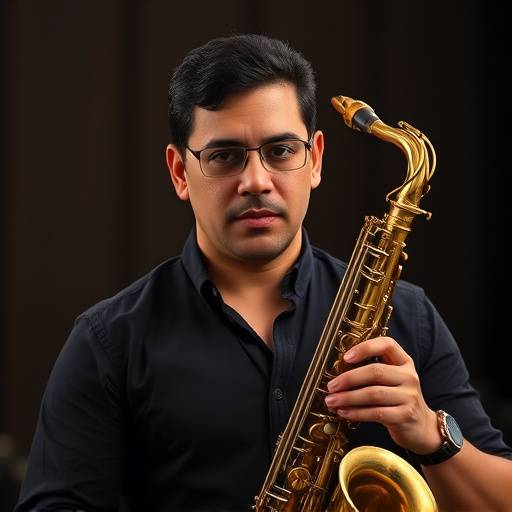 Portrait of James Rodriguez, a saxophone instructor, holding his saxophone with a focused expression.
