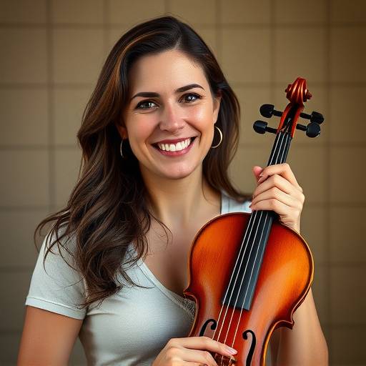 Portrait of Maria Garcia, Violin Instructor, holding a violin and bow.