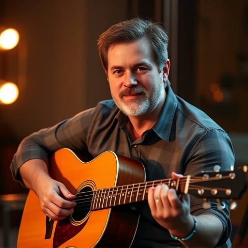 Portrait of Michael Davis, a guitar instructor holding an acoustic guitar.