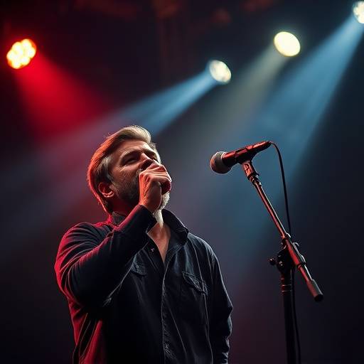 Singer passionately performing on stage with a microphone and dramatic lighting.